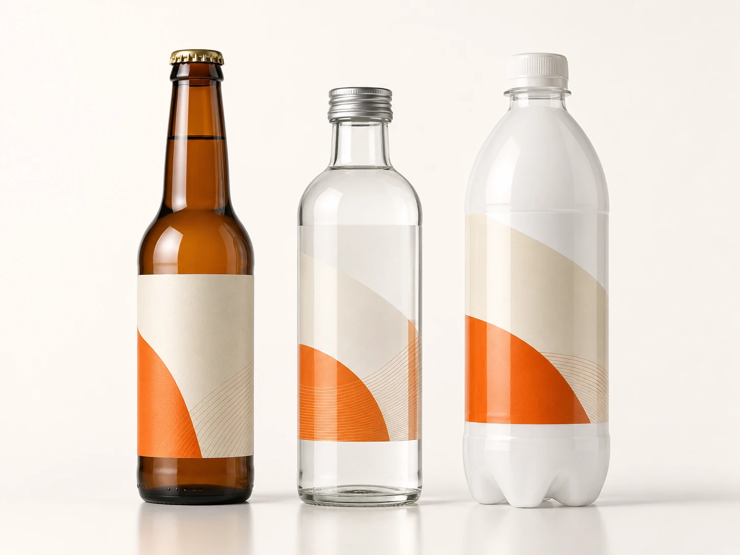Hot melt glue labels on a beer bottle, water bottle and soft drink bottle — Labelex product range
